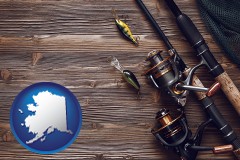 alaska map icon and fishing rods and reels