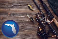 florida map icon and fishing rods and reels