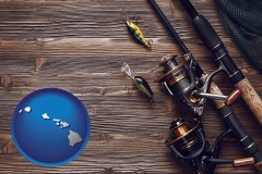 hawaii map icon and fishing rods and reels