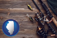 illinois map icon and fishing rods and reels
