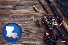 louisiana map icon and fishing rods and reels