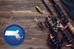 massachusetts map icon and fishing rods and reels