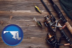 maryland map icon and fishing rods and reels