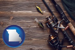 missouri map icon and fishing rods and reels