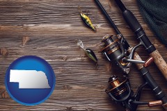 nebraska map icon and fishing rods and reels