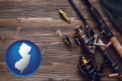 new-jersey map icon and fishing rods and reels