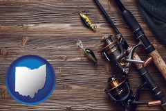 ohio map icon and fishing rods and reels