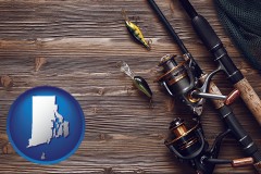rhode-island map icon and fishing rods and reels