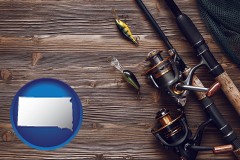 south-dakota map icon and fishing rods and reels