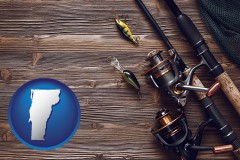 vermont map icon and fishing rods and reels