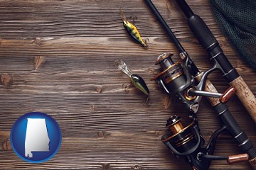 fishing rods and reels - with Alabama icon