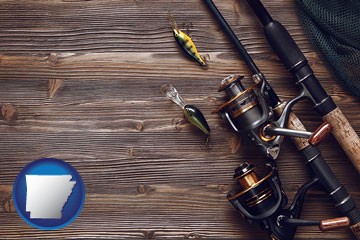 fishing rods and reels - with Arkansas icon