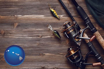 fishing rods and reels - with Hawaii icon
