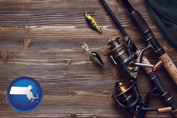 fishing rods and reels - with Massachusetts icon