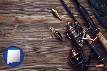 fishing rods and reels - with New Mexico icon