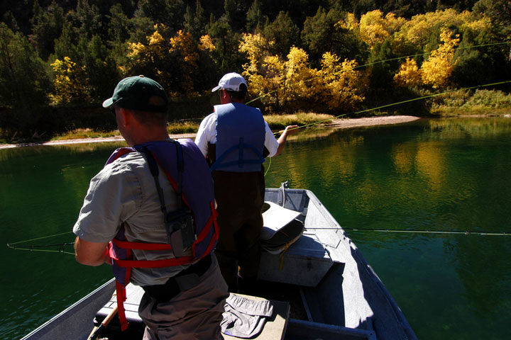 fly fishing from an aluminum boat, Green River, Utah